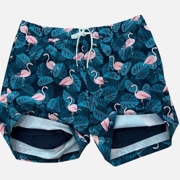 Men's Large Teal Flamingo Vacation Resort Swimming Lined Drawstring Trunk Shorts - Picture 2 of 5
